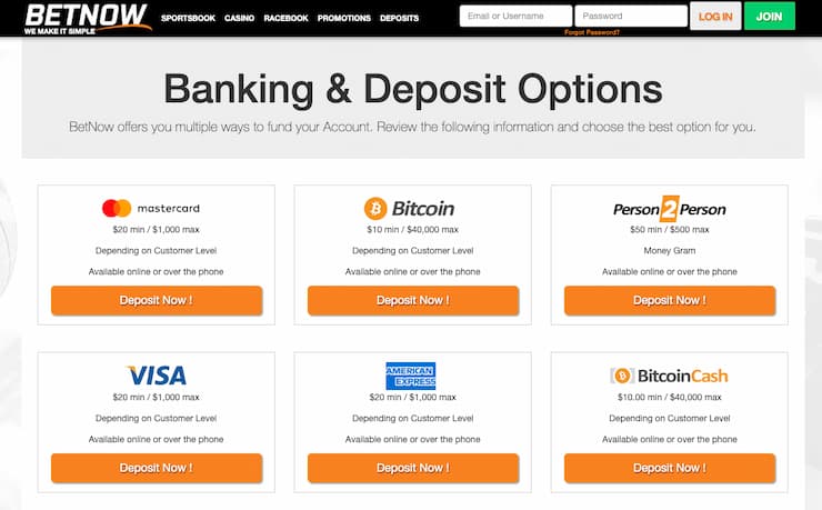 Featured banking options on BetNow, a top site for betting on UFC fights.